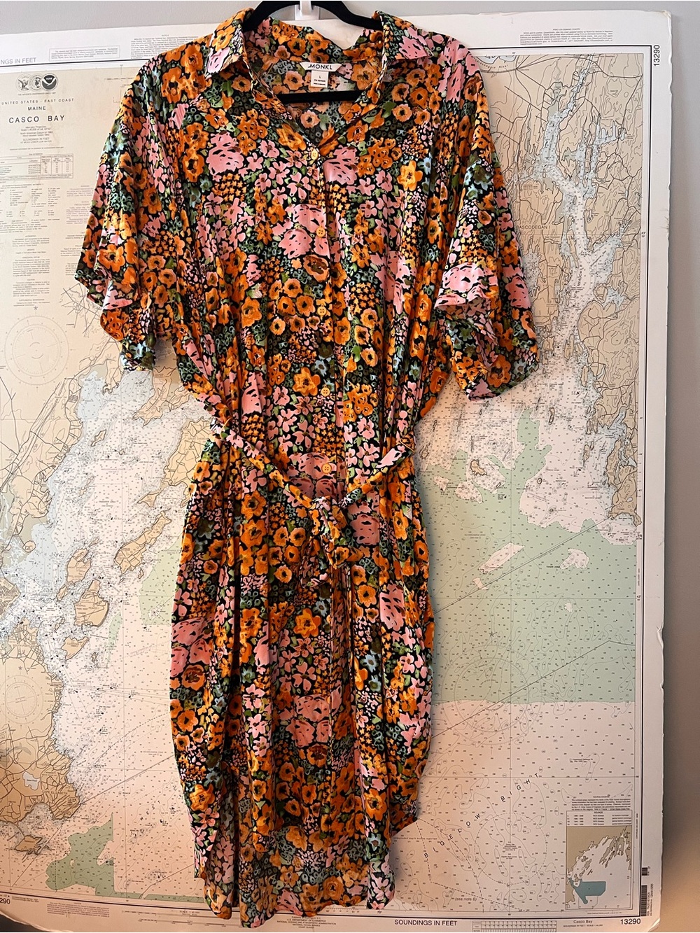 EUC! Monki Pink Floral Short Sleeve Button Front Midi Dress Belted Size L